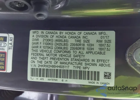 2017 Honda Cr-V Ex-L/Ex-L Navi z USA, uszkodzony, nr VIN 2HKRW2H86HH605117